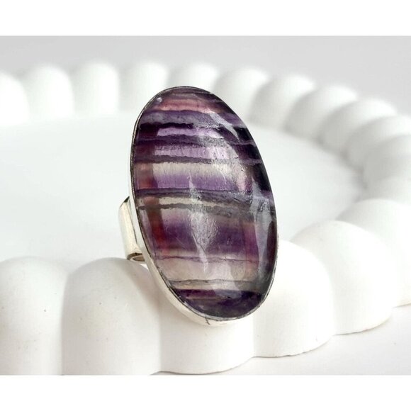 XL Purple Flourite Gemstone Vintage Solitaire Sterling Silver Ring - sz 6 - Picture 1 of 10